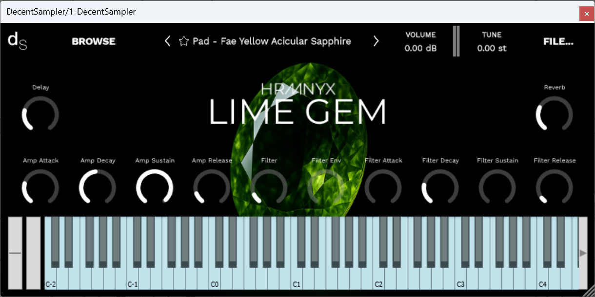 A screenshot of the Lime Gem Sample Library instrument interface in Decent Sampler.